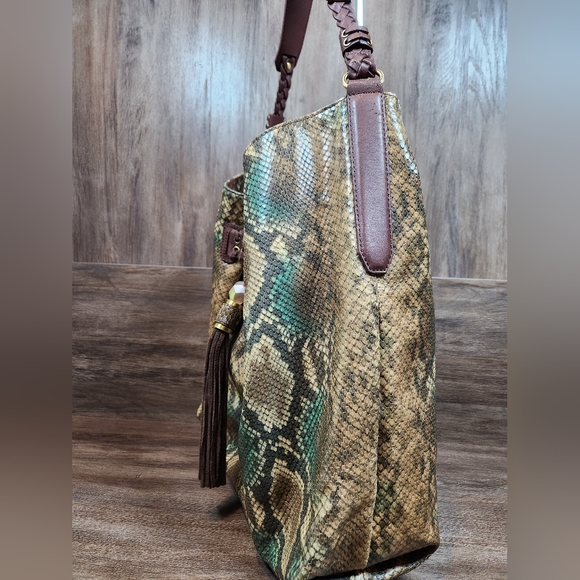 Rafe New York Python Leather Embossed Large Tote Tassel Brown Cream Teal Purse - Picture 3 of 11